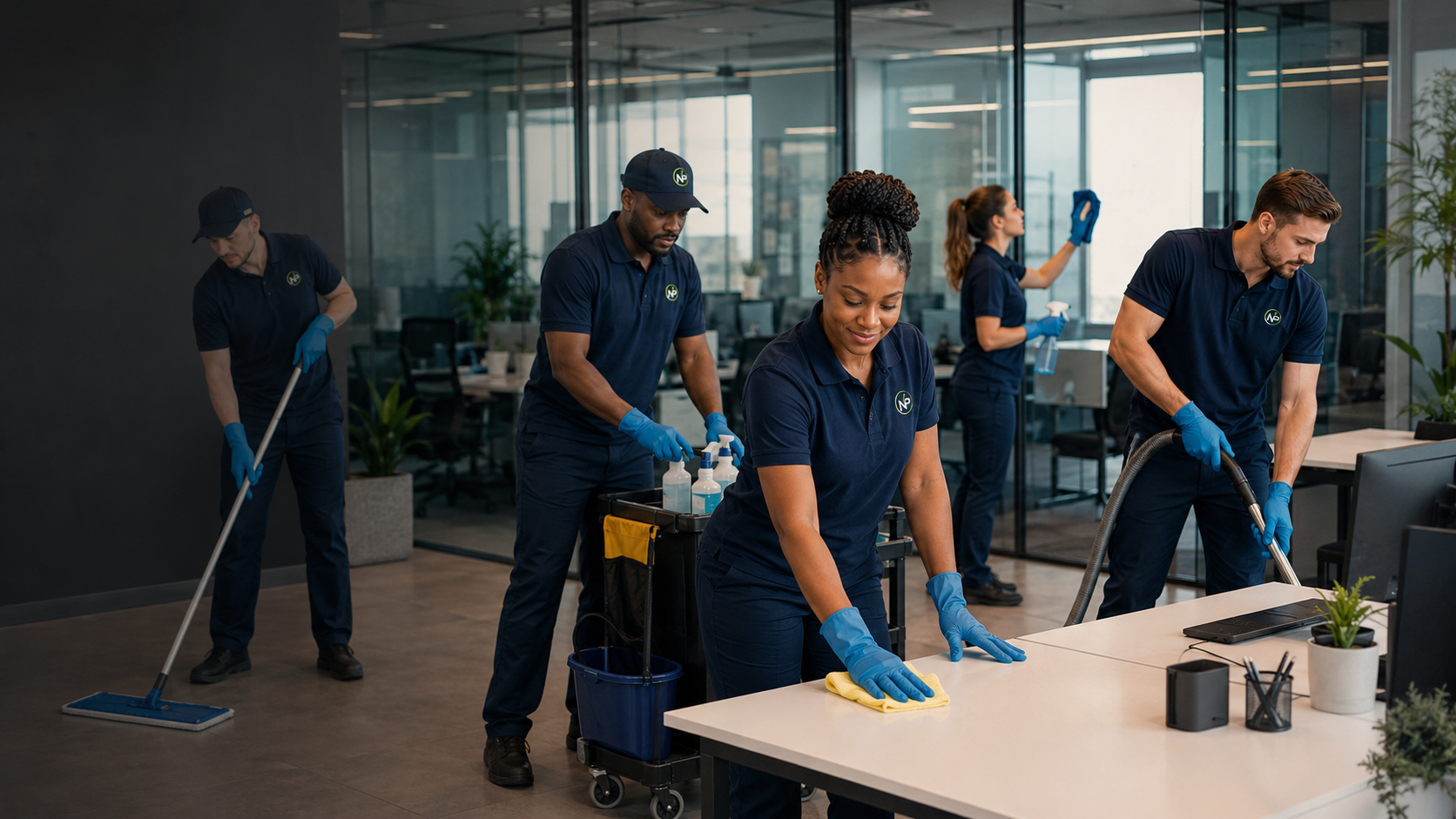 Équipe mixte et diversifiée NetPro Cleaning en intervention dans un bureau à Bruxelles